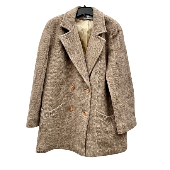 Herman Kay Coat True VTG 100% Pure Wool Herringbone Cozy Winter Heavy Pea EUC 1X - Picture 1 of 7